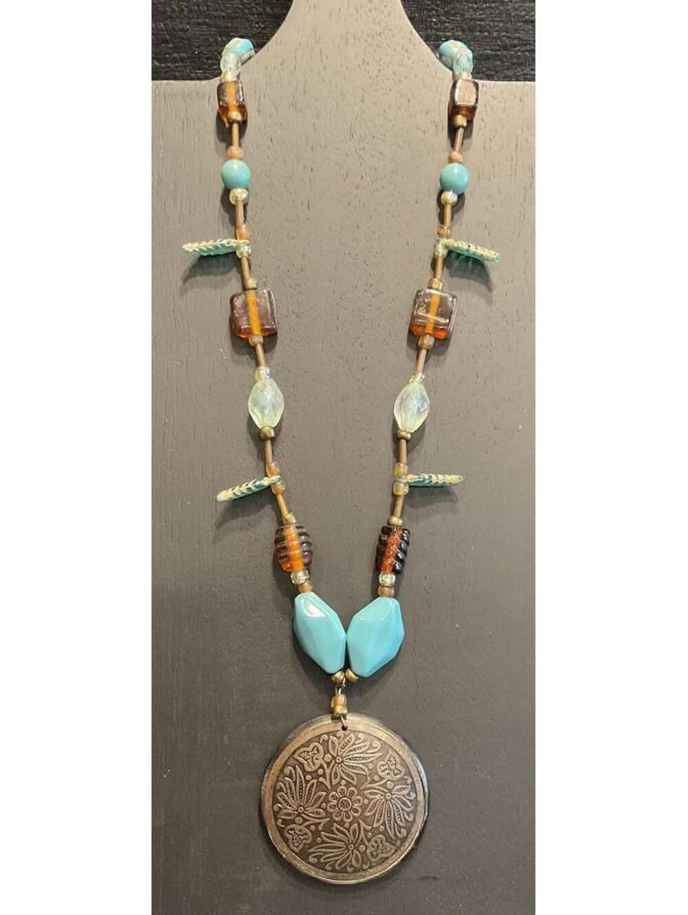 Beautiful Boho Style Necklace Teal And Brown Beads # 178